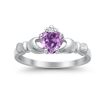 Heart Shape Simulated Lavender CZ Claddagh Wedding Ring 925 Sterling Silver